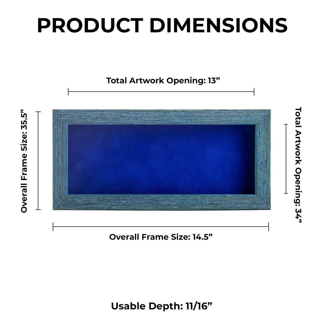 Rustic Blue Wood Shadow Box Frame with Acrylic Front - Royal Blue Suede Backing, 30 Sizes